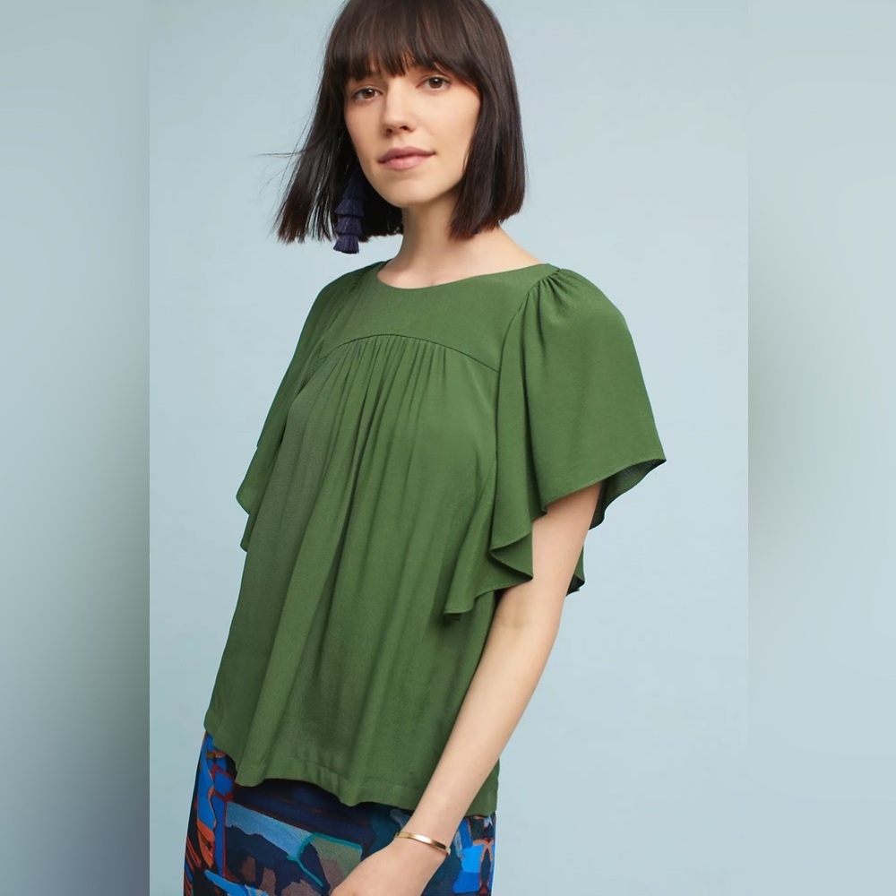 Anthropologie Maeve Green Prato Flutter Tee Size L